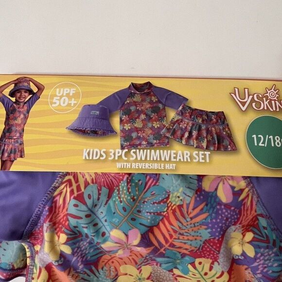 UV Skinz Kids 3 Pc Swimwear Set Hat Rashguard Top and Swim Skirt 12-18 M NWT - Picture 3 of 11